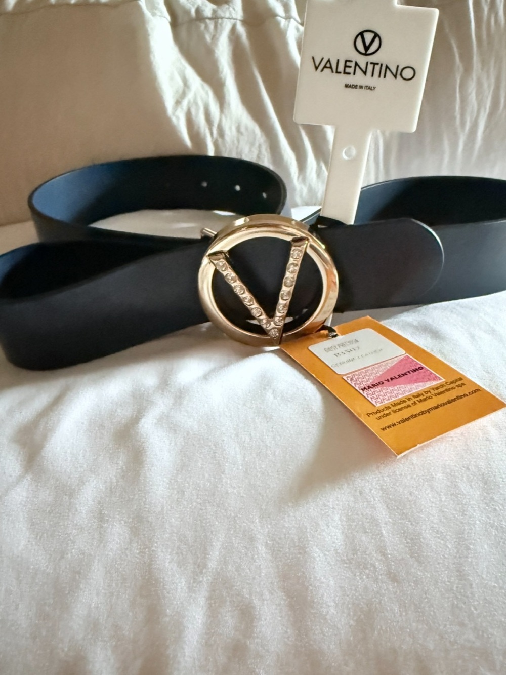 Valentino Black Leather Belt with Gold Crystal V Buckle